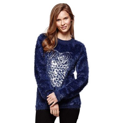 Yumi Blue Fluffy Jumper With Sequin Owl
